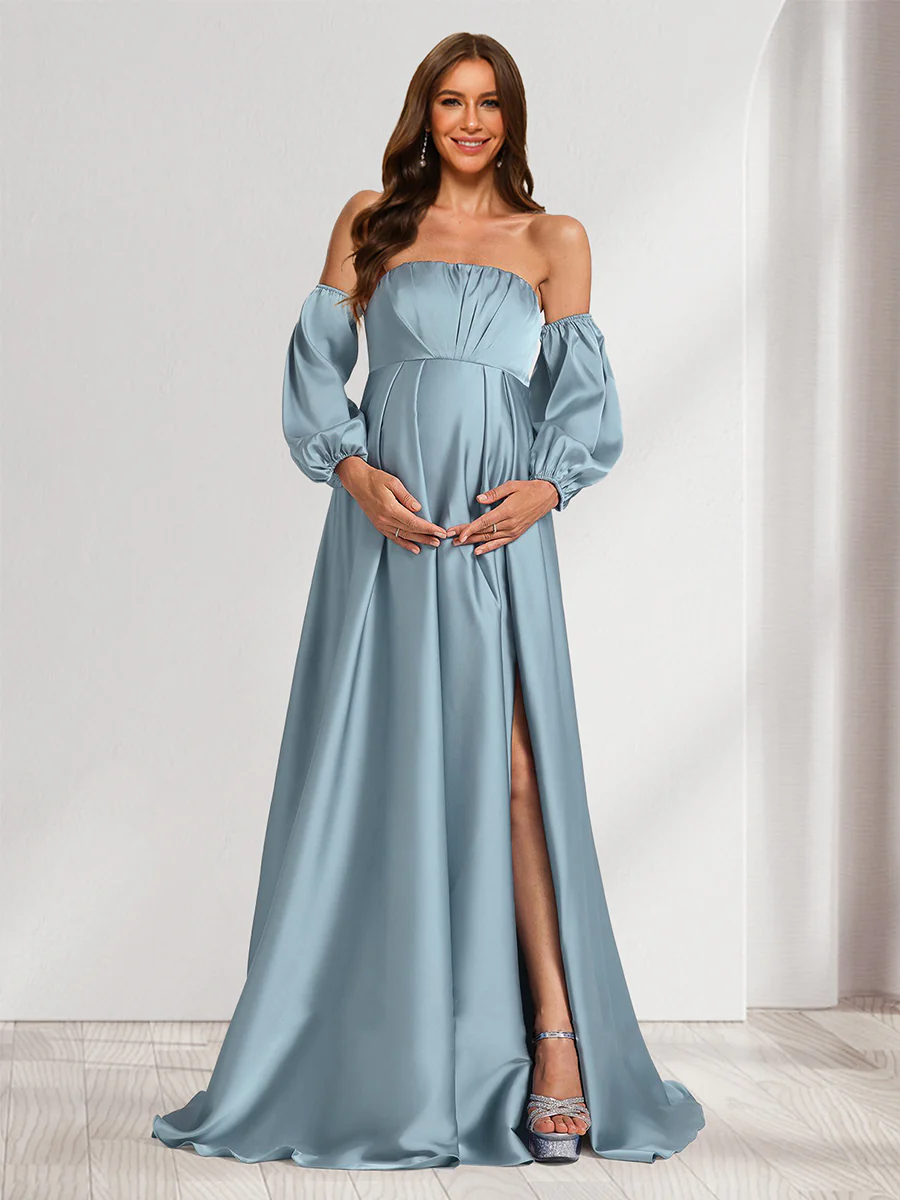 A-Line/Princess Strapless Ruched Long Baby Shower Bridesmaid Dresses with Split Side