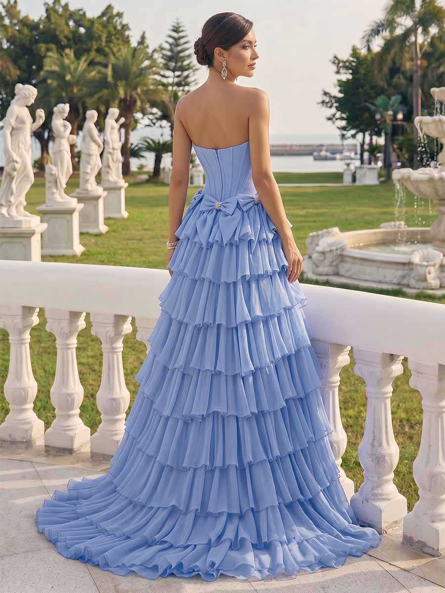 A-Line/Princess Strapless Sweep Train Prom Dresses With Bows & Split Side - Image 2