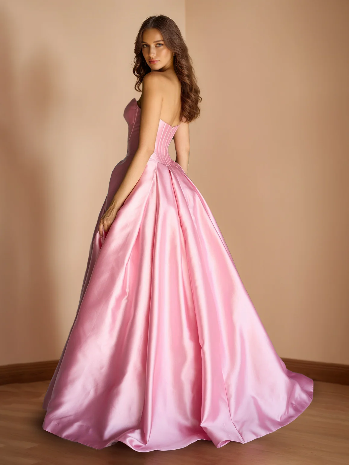 A-Line/Princess Strapless Sweep Train Prom Dresses With Ruffles & 3D Floral - Image 2