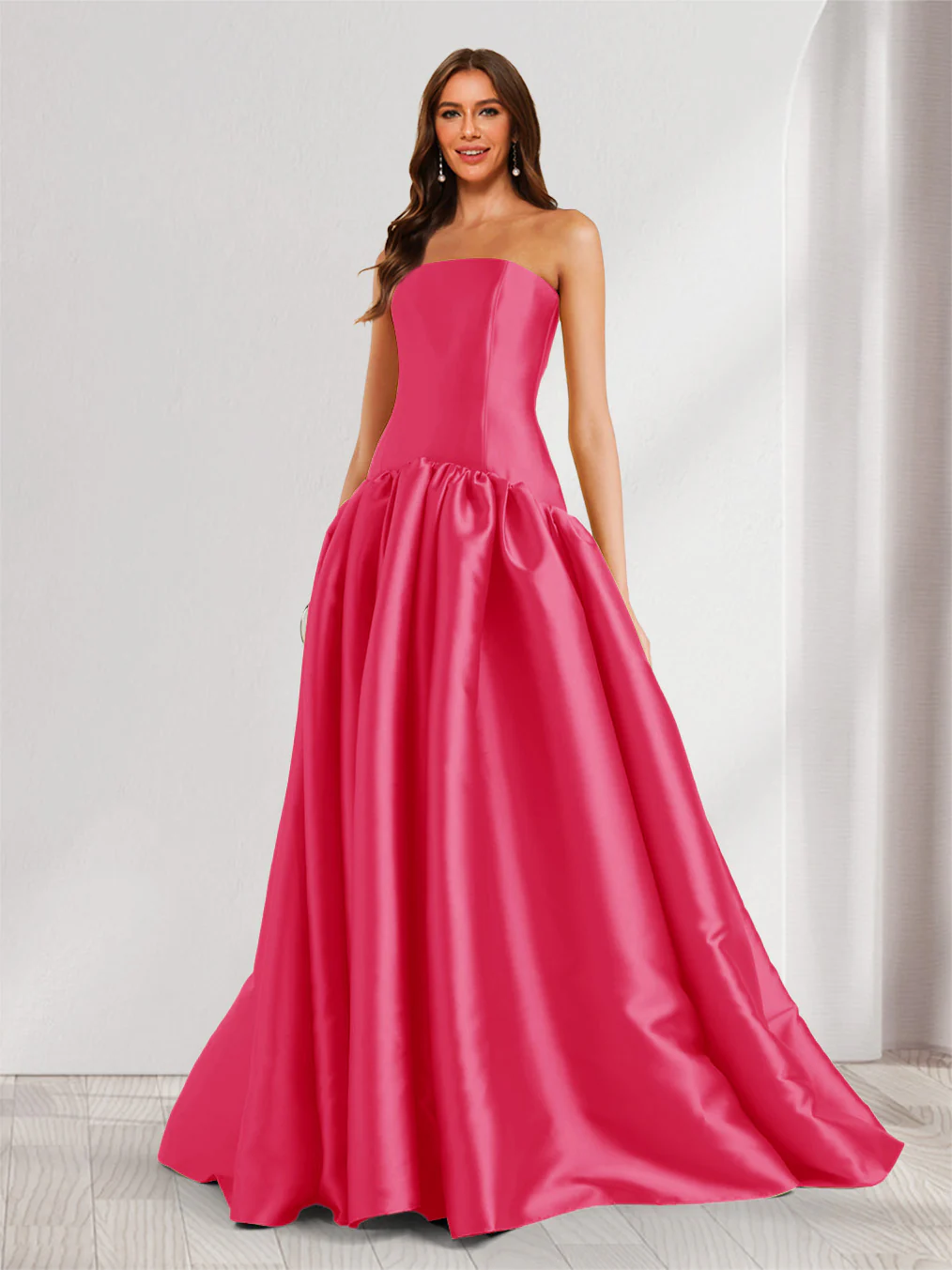 A-Line/Princess Strapless Sweep Train Ruched Prom Dresses - Image 11