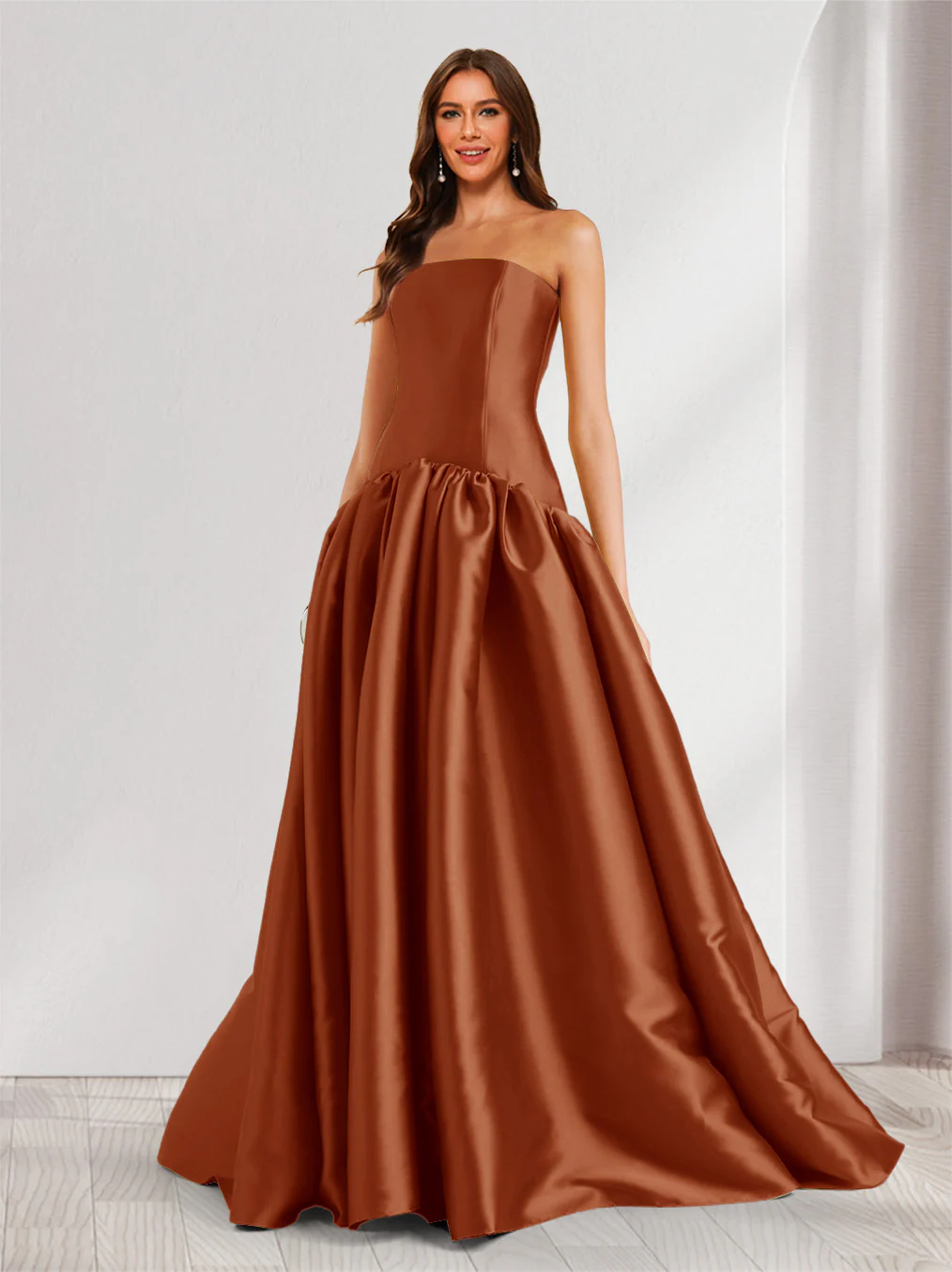 A-Line/Princess Strapless Sweep Train Ruched Prom Dresses - Image 25