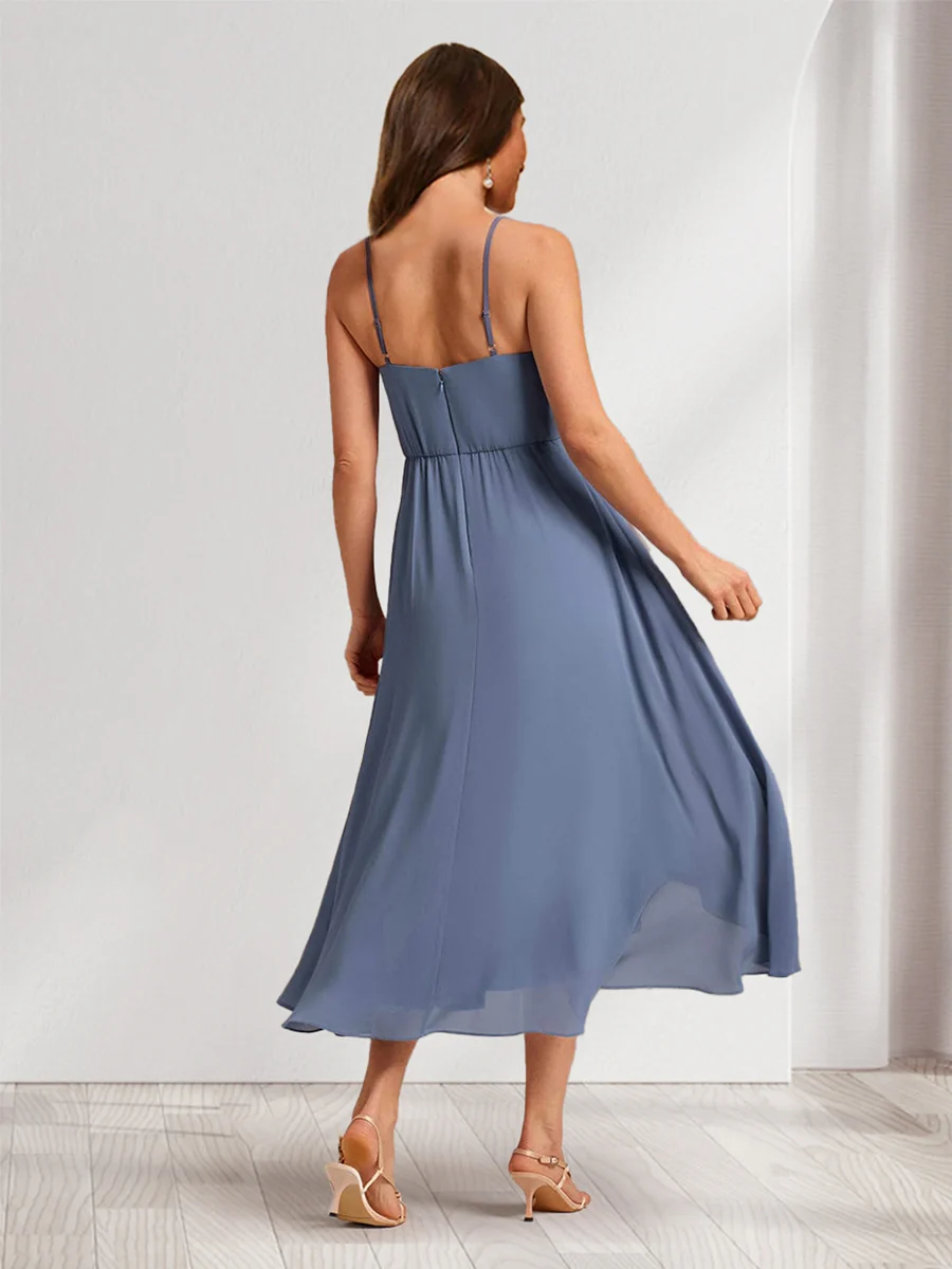A-Line/Princess Straps Tea-Length Asymmetrical Chiffon Bridesmaid Dresses - Image 2