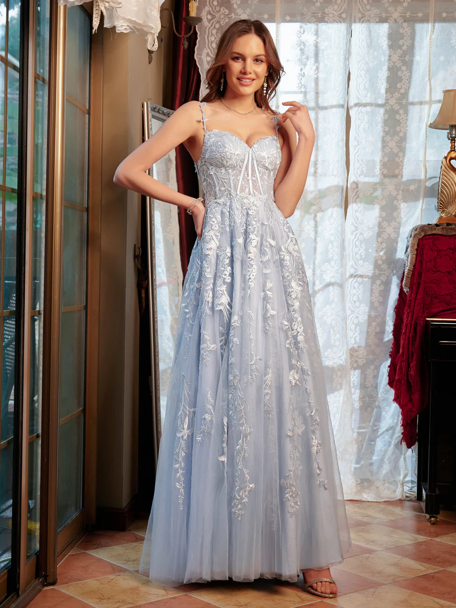 A-Line/Princess Sweetheart Applique Tulle Long Prom Dresses - Image 4