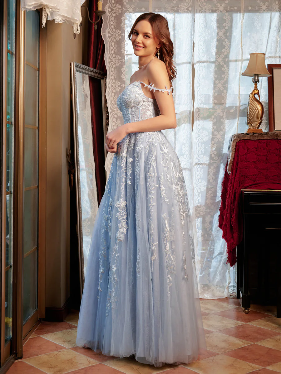 A-Line/Princess Sweetheart Applique Tulle Long Prom Dresses - Image 6