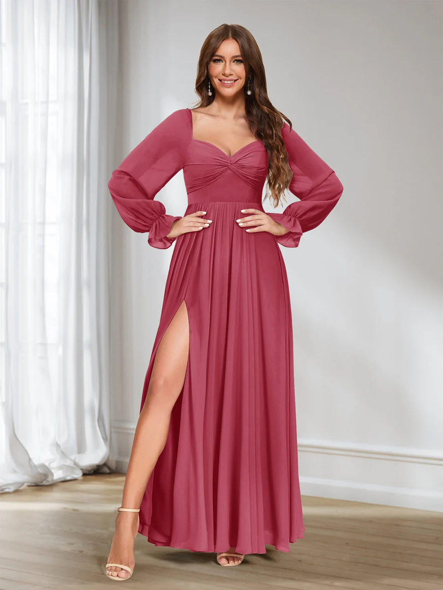A-Line/Princess Sweetheart Chiffon Long Sleeves Bridesmaid Dresses with Split Side - Image 29