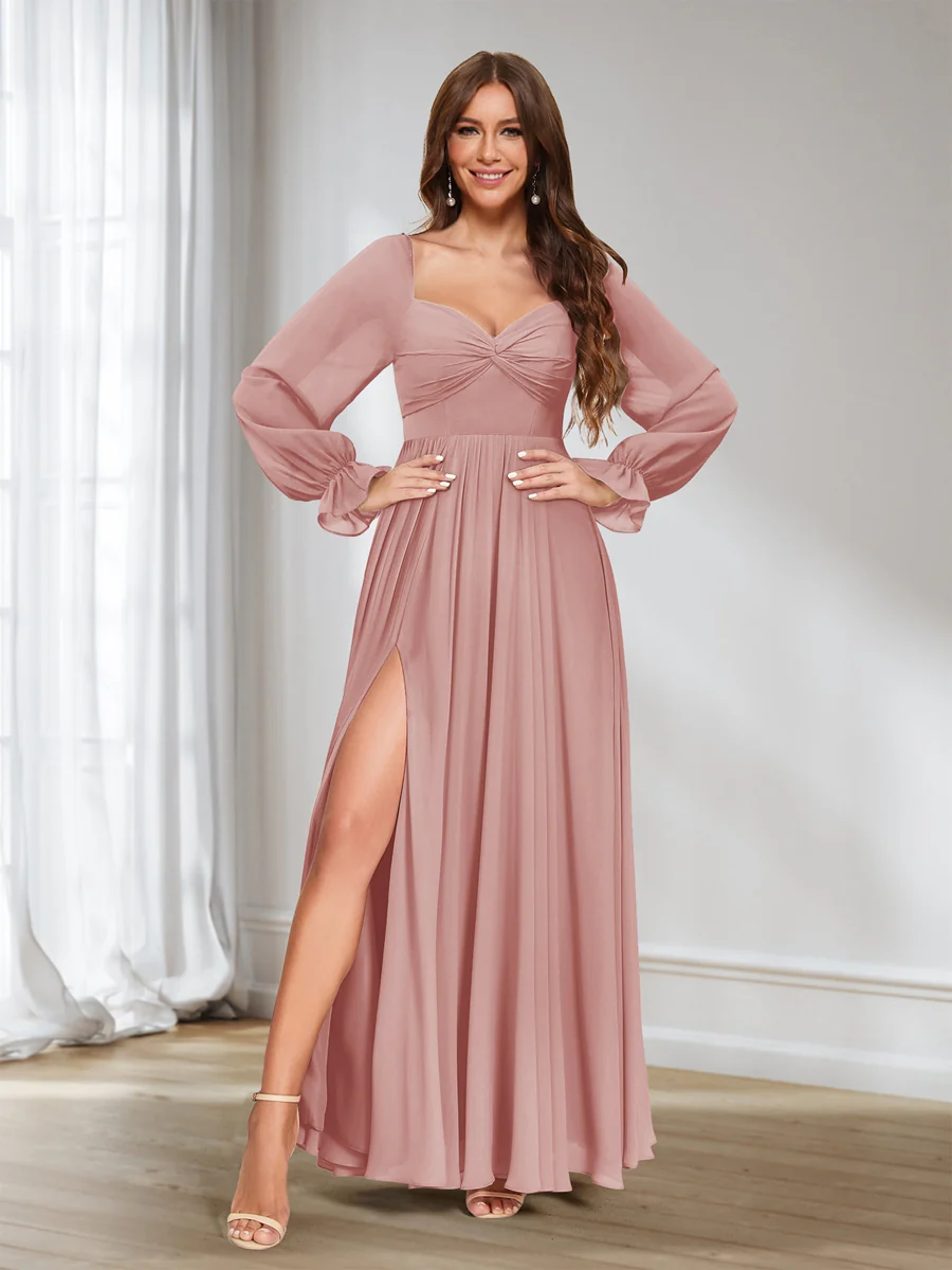 A-Line/Princess Sweetheart Chiffon Long Sleeves Bridesmaid Dresses with Split Side - Image 4