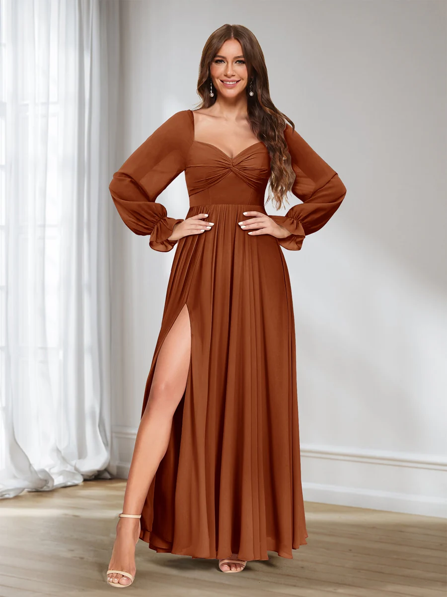 A-Line/Princess Sweetheart Chiffon Long Sleeves Bridesmaid Dresses with Split Side - Image 6