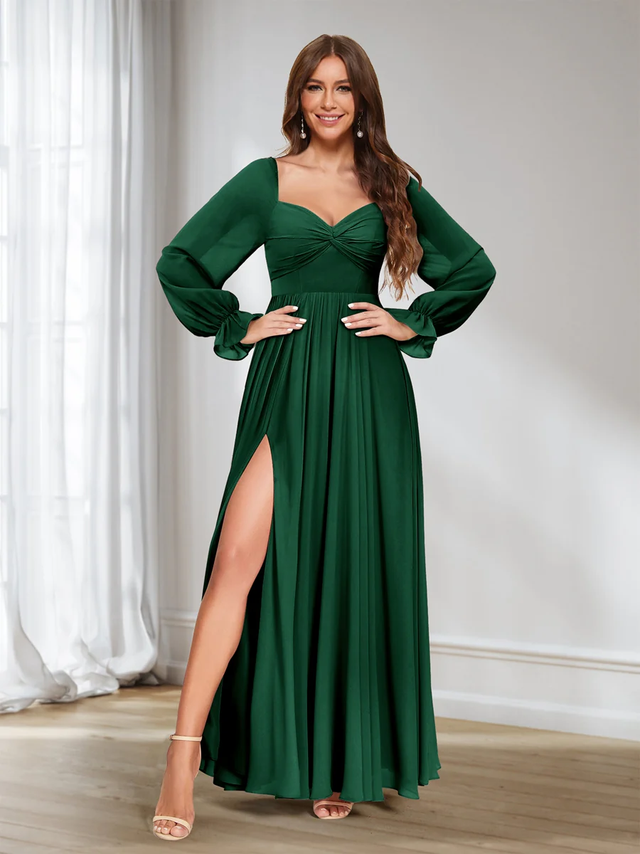 A-Line/Princess Sweetheart Chiffon Long Sleeves Bridesmaid Dresses with Split Side - Image 62