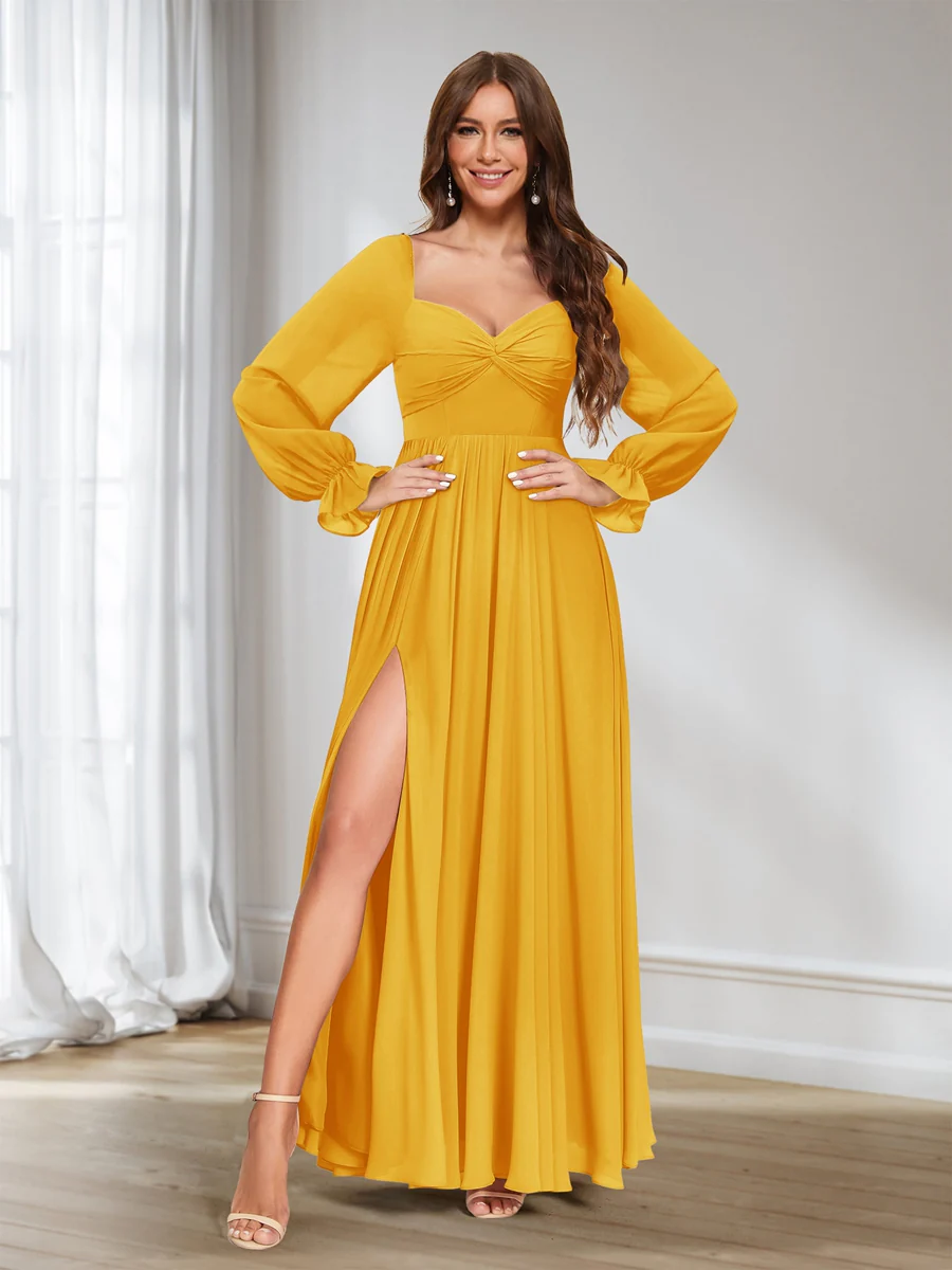 A-Line/Princess Sweetheart Chiffon Long Sleeves Bridesmaid Dresses with Split Side - Image 66