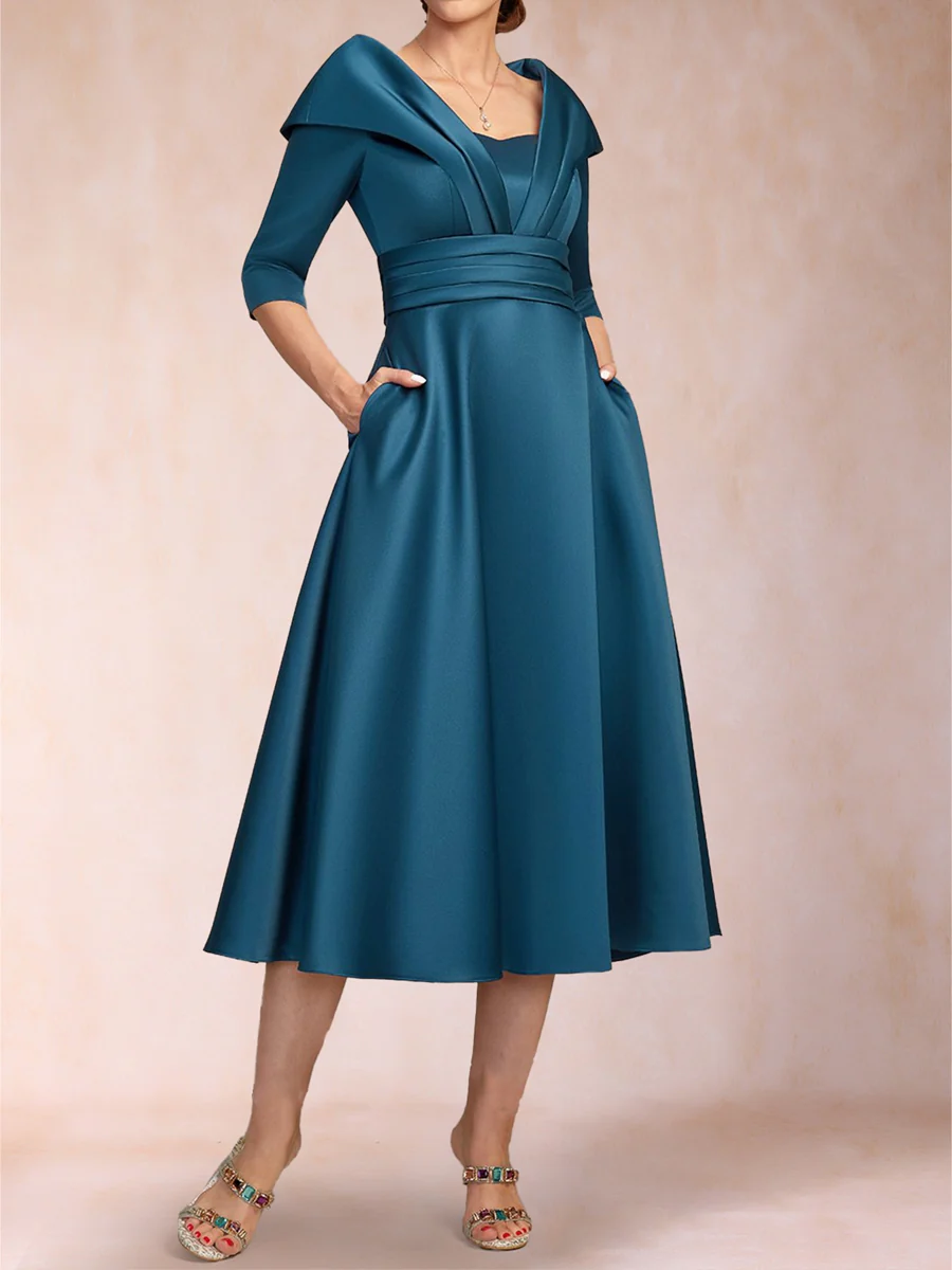 A-Line/Princess Sweetheart Collared 3/4 Sleeves Tea-Length Mother of the Bride Dresses with Pleated & Pockets - Image 3