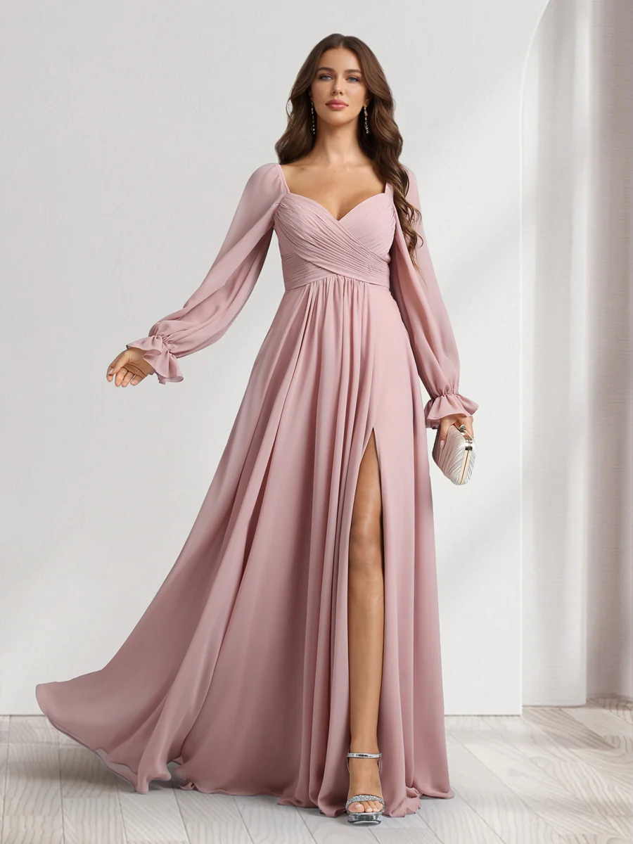A-Line/Princess Sweetheart Long Sleeves Bridesmaid Dresses With Pleats & Split Side - Image 6
