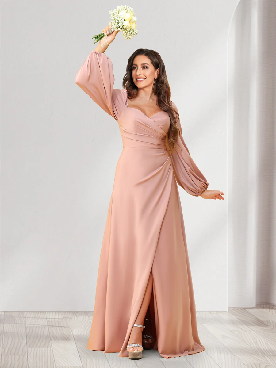 A-Line/Princess Sweetheart Long Sleeves Floor-Length Ruched Bridesmaid Dresses With Split Side - Image 5