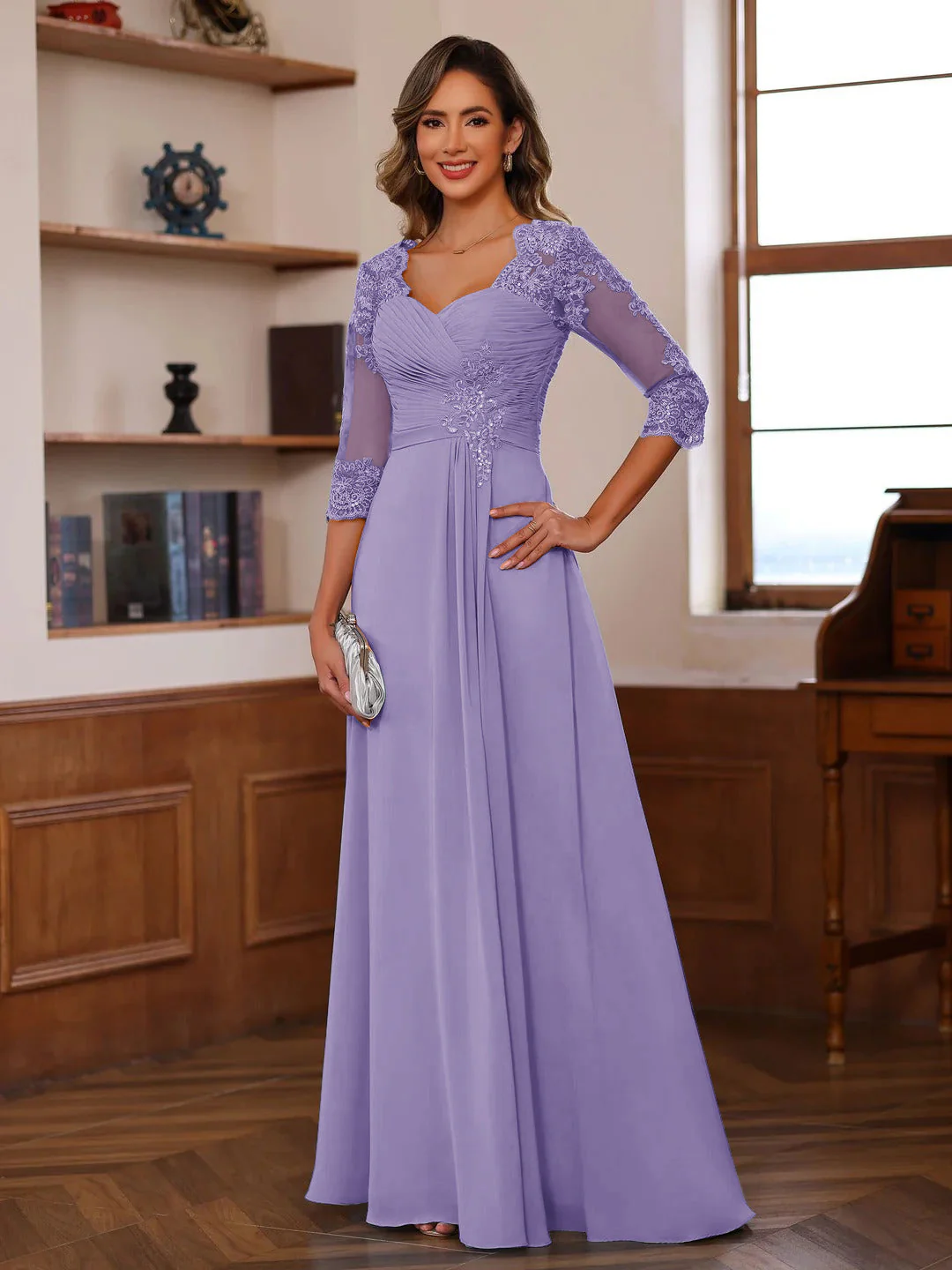 A-Line/Princess Sweetheart Neck 3/4 Sleeves Floor-Length Mother Of The Bride Dresses With Ruffles & Appliques - Image 70