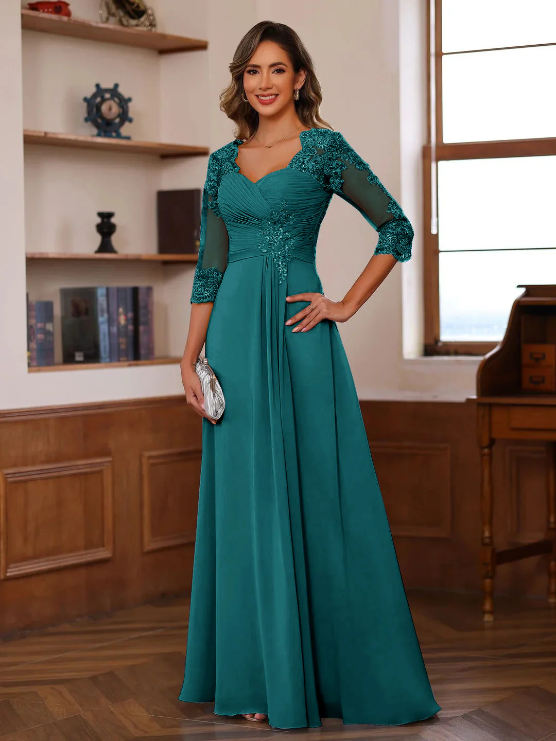 A-Line/Princess Sweetheart Neck 3/4 Sleeves Floor-Length Mother Of The Bride Dresses With Ruffles & Appliques - Image 74