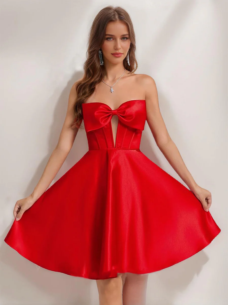 A-Line/Princess Sweetheart Satin Short/Mini Homecoming Dresses with Bow - Image 3