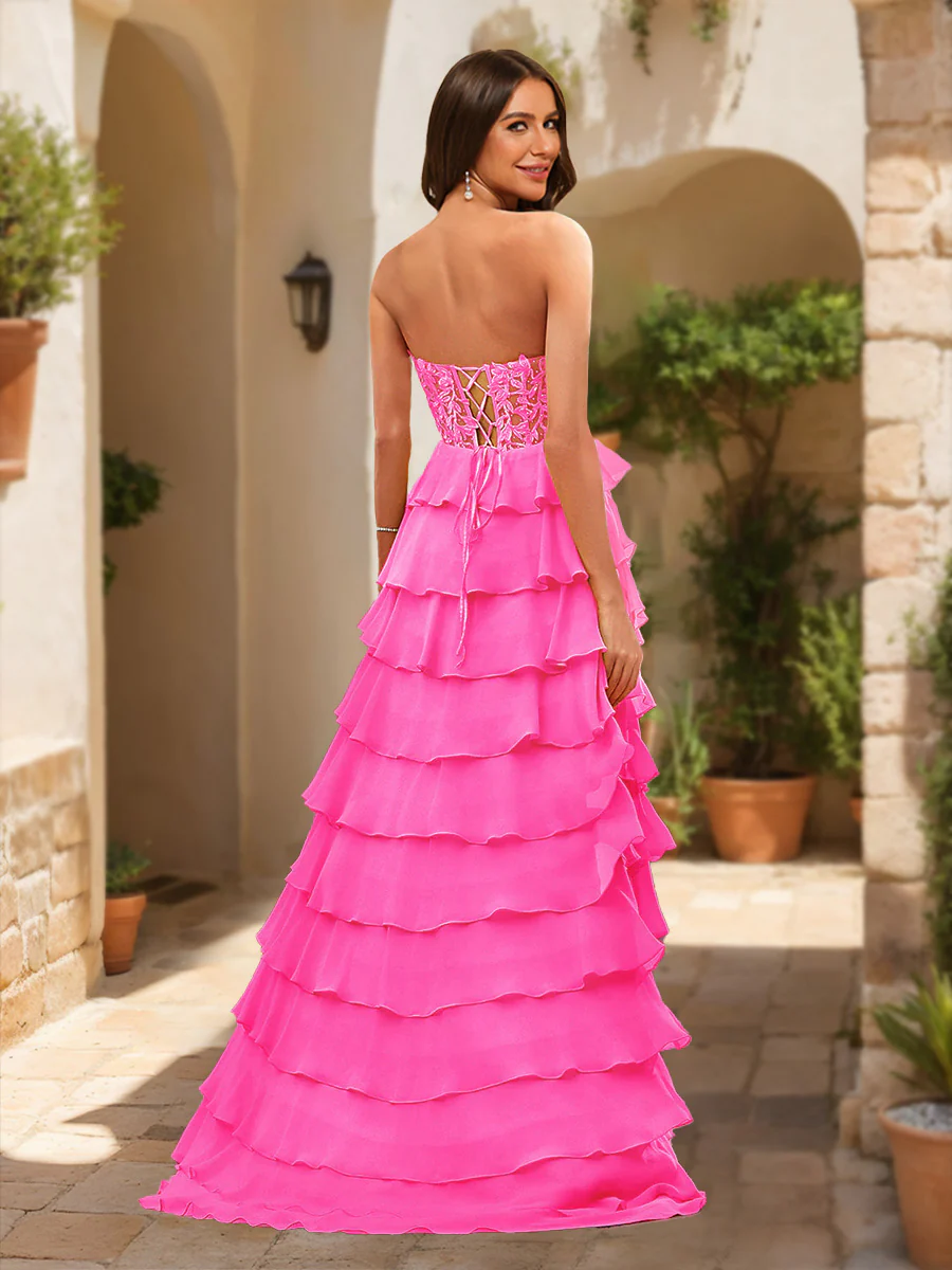 A-Line/Princess Sweetheart Sheer Corset Appliques Ruffle Prom Dresses - Image 2