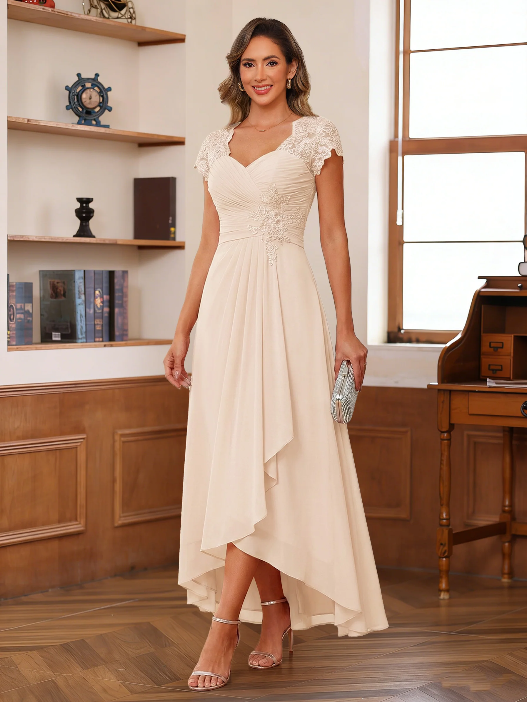 A-Line/Princess Sweetheart Short Sleeves Asymmetrical Mother of the Bride Dresses with Appliques & Ruffles - Image 12