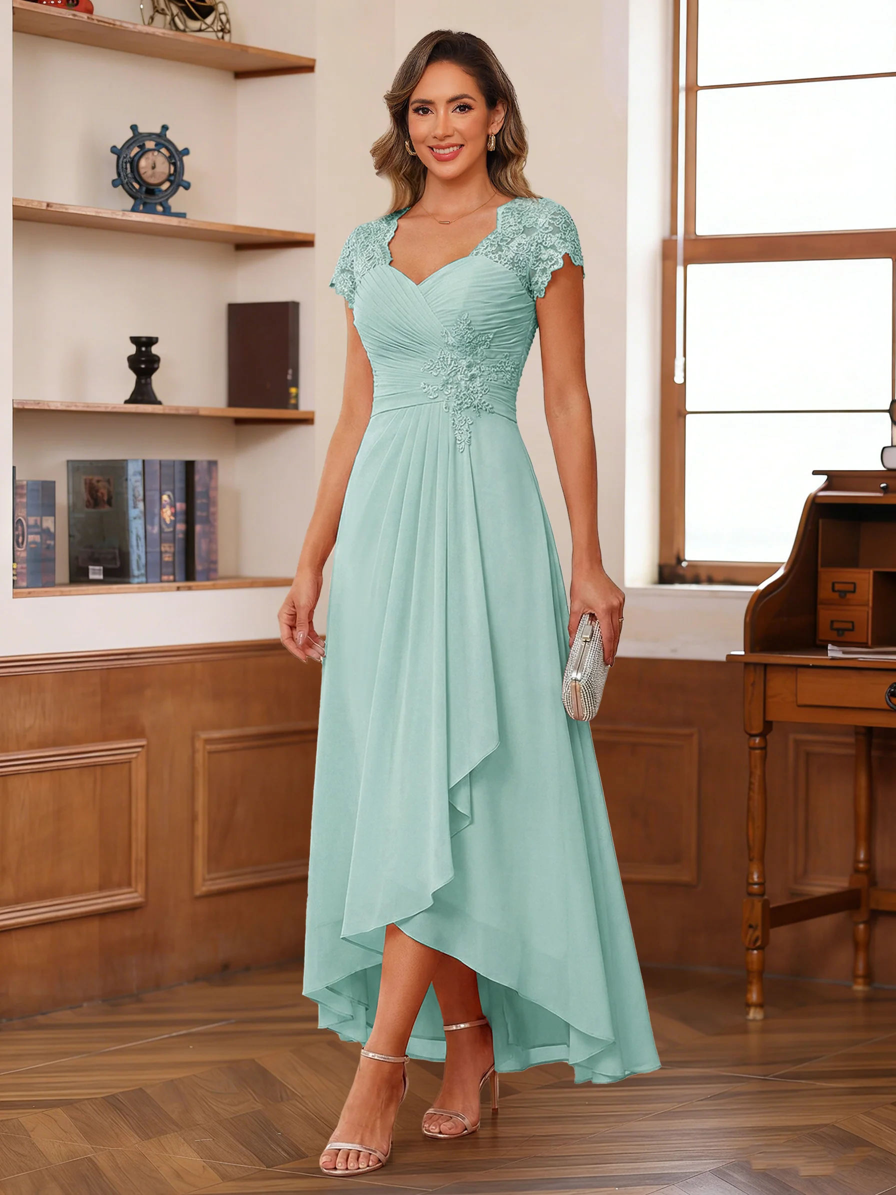 A-Line/Princess Sweetheart Short Sleeves Asymmetrical Mother of the Bride Dresses with Appliques & Ruffles - Image 15