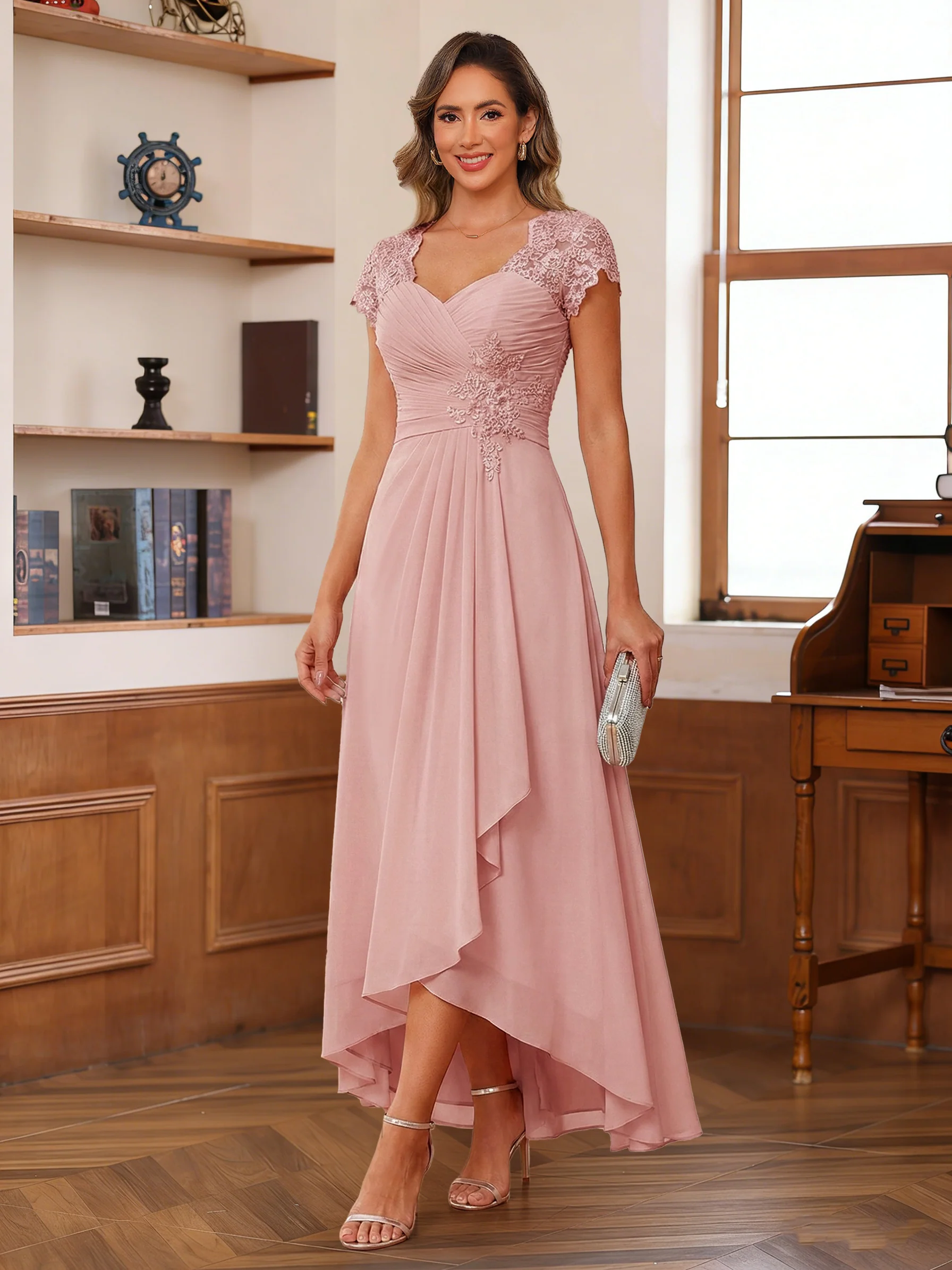 A-Line/Princess Sweetheart Short Sleeves Asymmetrical Mother of the Bride Dresses with Appliques & Ruffles - Image 27