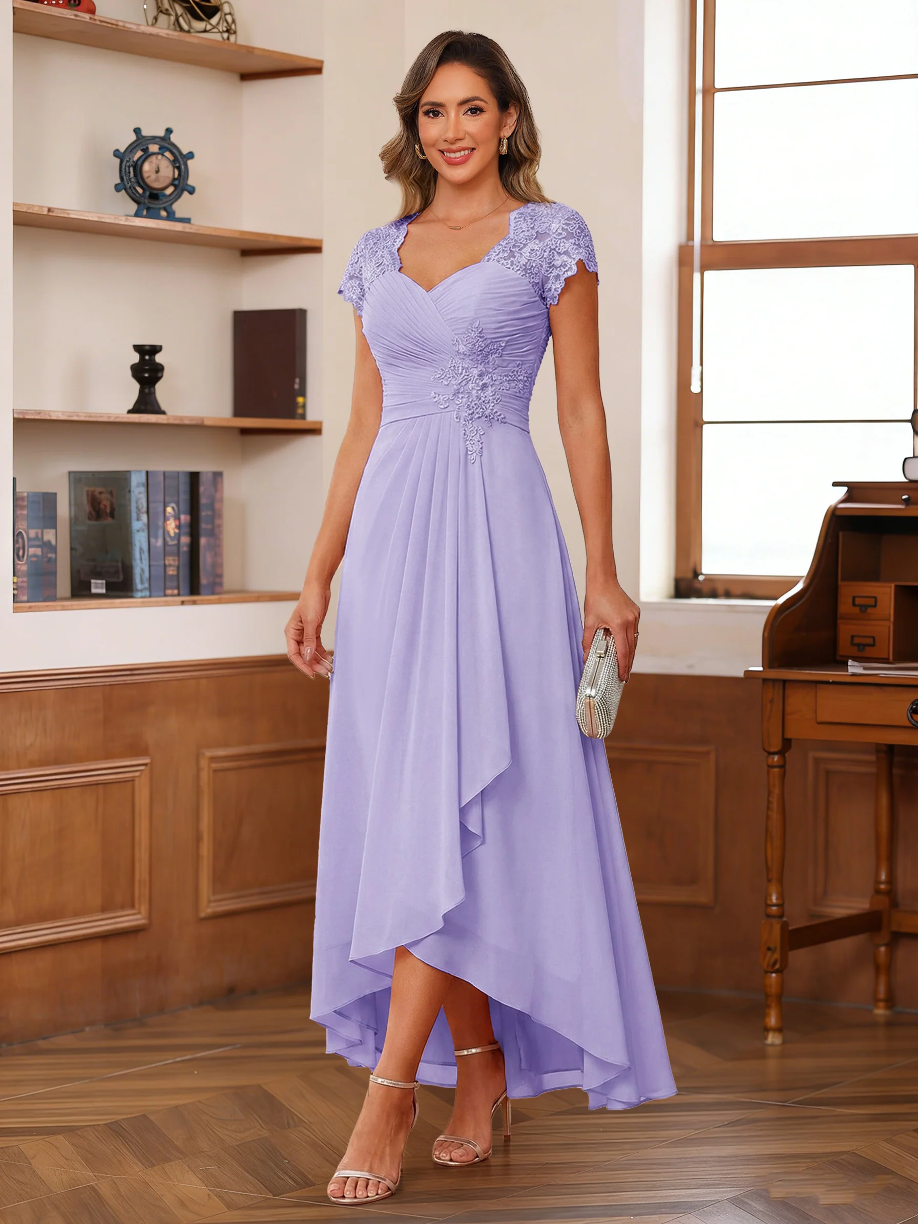 A-Line/Princess Sweetheart Short Sleeves Asymmetrical Mother of the Bride Dresses with Appliques & Ruffles - Image 41