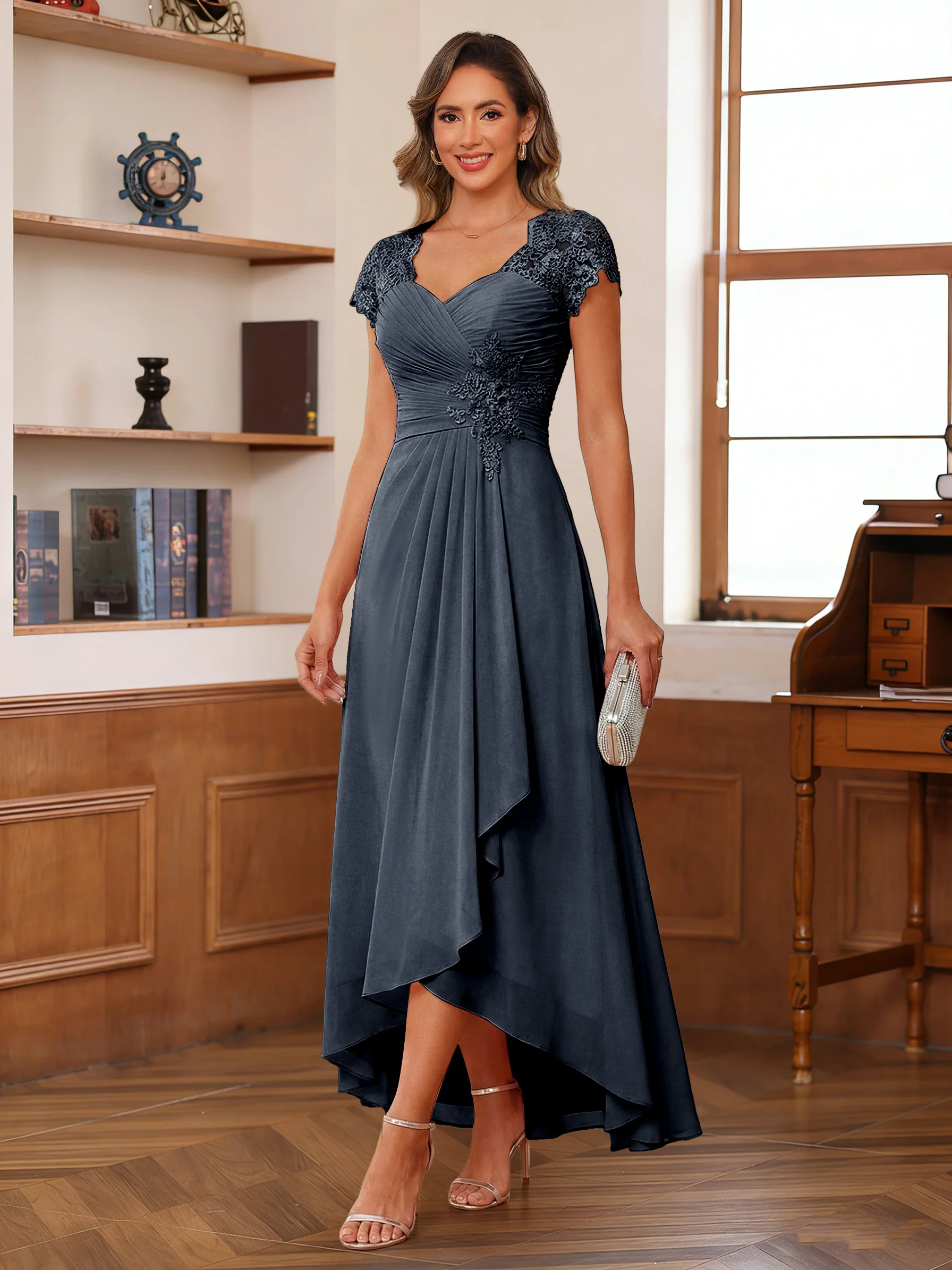 A-Line/Princess Sweetheart Short Sleeves Asymmetrical Mother of the Bride Dresses with Appliques & Ruffles - Image 44
