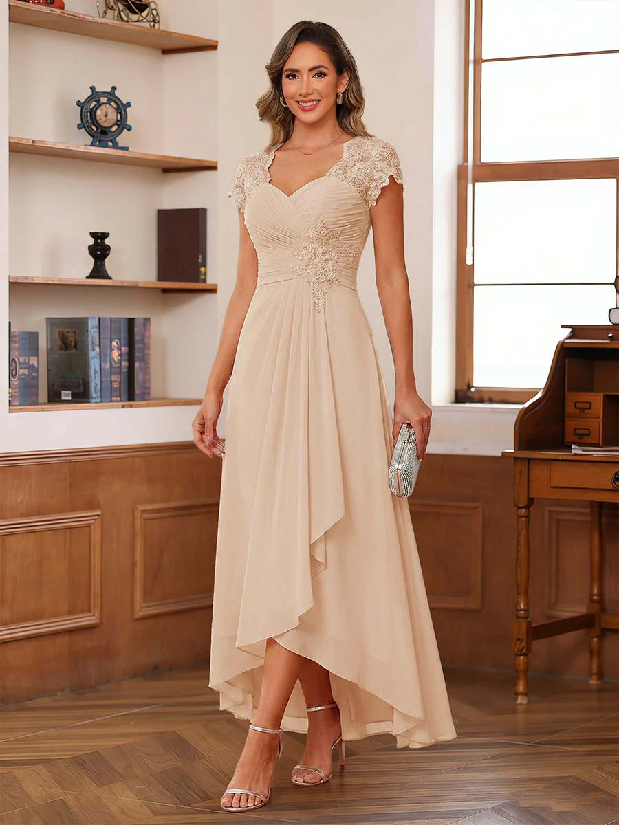 A-Line/Princess Sweetheart Short Sleeves Asymmetrical Mother of the Bride Dresses with Appliques & Ruffles - Image 49