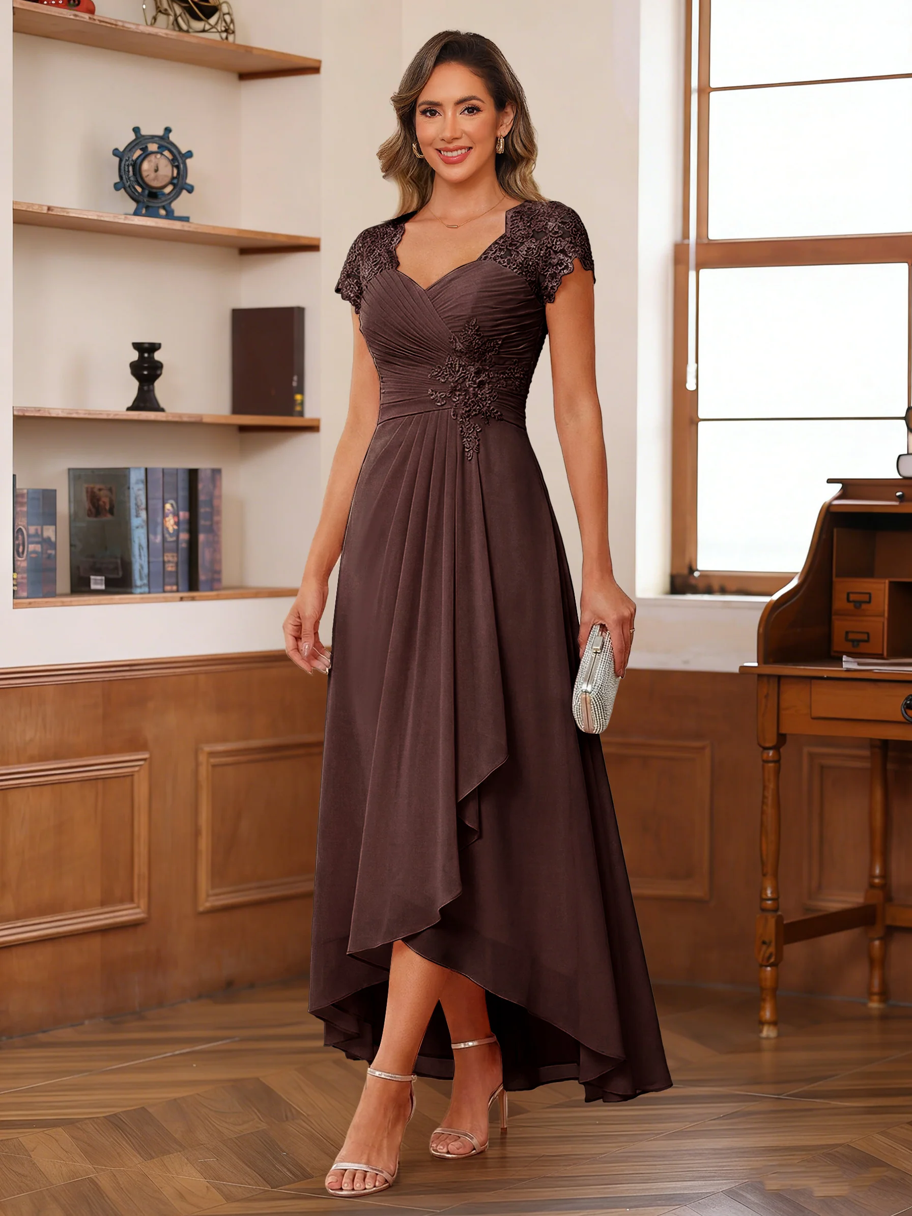 A-Line/Princess Sweetheart Short Sleeves Asymmetrical Mother of the Bride Dresses with Appliques & Ruffles - Image 6
