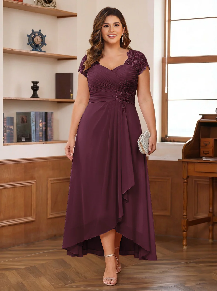 A-Line/Princess Sweetheart Short Sleeves Asymmetrical Plus Size Mother of the Bride Dresses with Appliques & Ruffles - Image 19