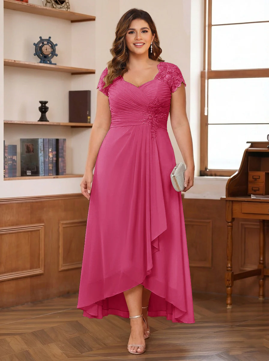 A-Line/Princess Sweetheart Short Sleeves Asymmetrical Plus Size Mother of the Bride Dresses with Appliques & Ruffles - Image 30