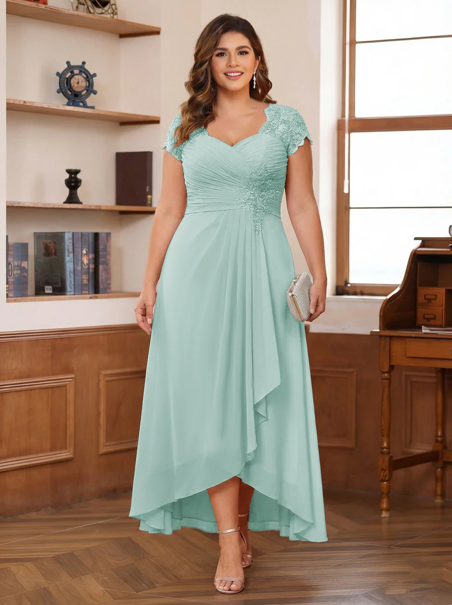 A-Line/Princess Sweetheart Short Sleeves Asymmetrical Plus Size Mother of the Bride Dresses with Appliques & Ruffles - Image 40