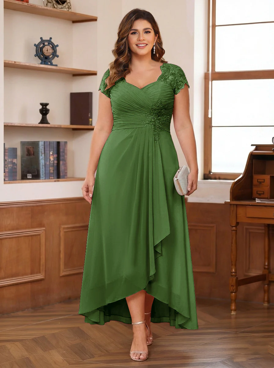 A-Line/Princess Sweetheart Short Sleeves Asymmetrical Plus Size Mother of the Bride Dresses with Appliques & Ruffles - Image 41
