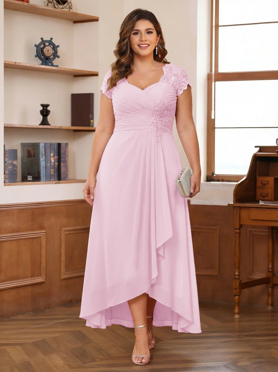 A-Line/Princess Sweetheart Short Sleeves Asymmetrical Plus Size Mother of the Bride Dresses with Appliques & Ruffles - Image 44