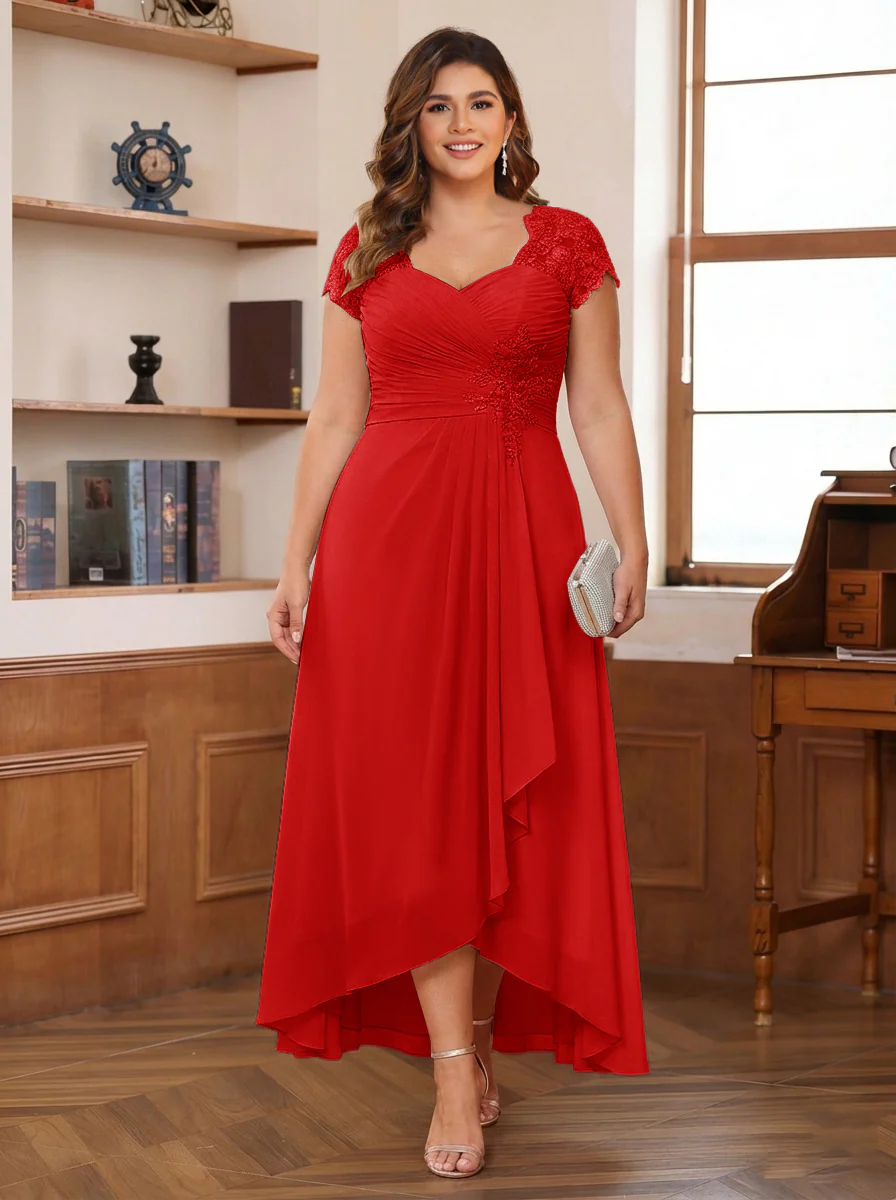 A-Line/Princess Sweetheart Short Sleeves Asymmetrical Plus Size Mother of the Bride Dresses with Appliques & Ruffles - Image 47