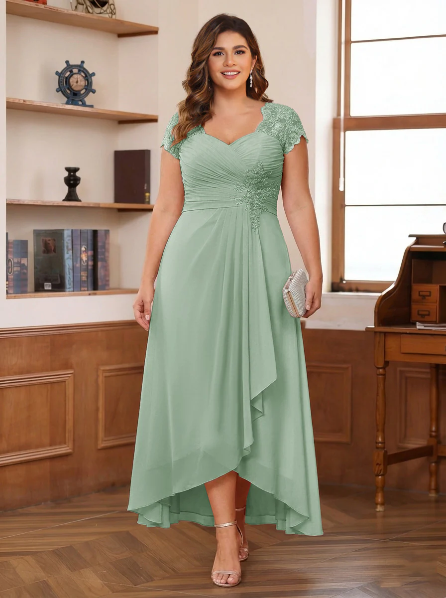A-Line/Princess Sweetheart Short Sleeves Asymmetrical Plus Size Mother of the Bride Dresses with Appliques & Ruffles - Image 49