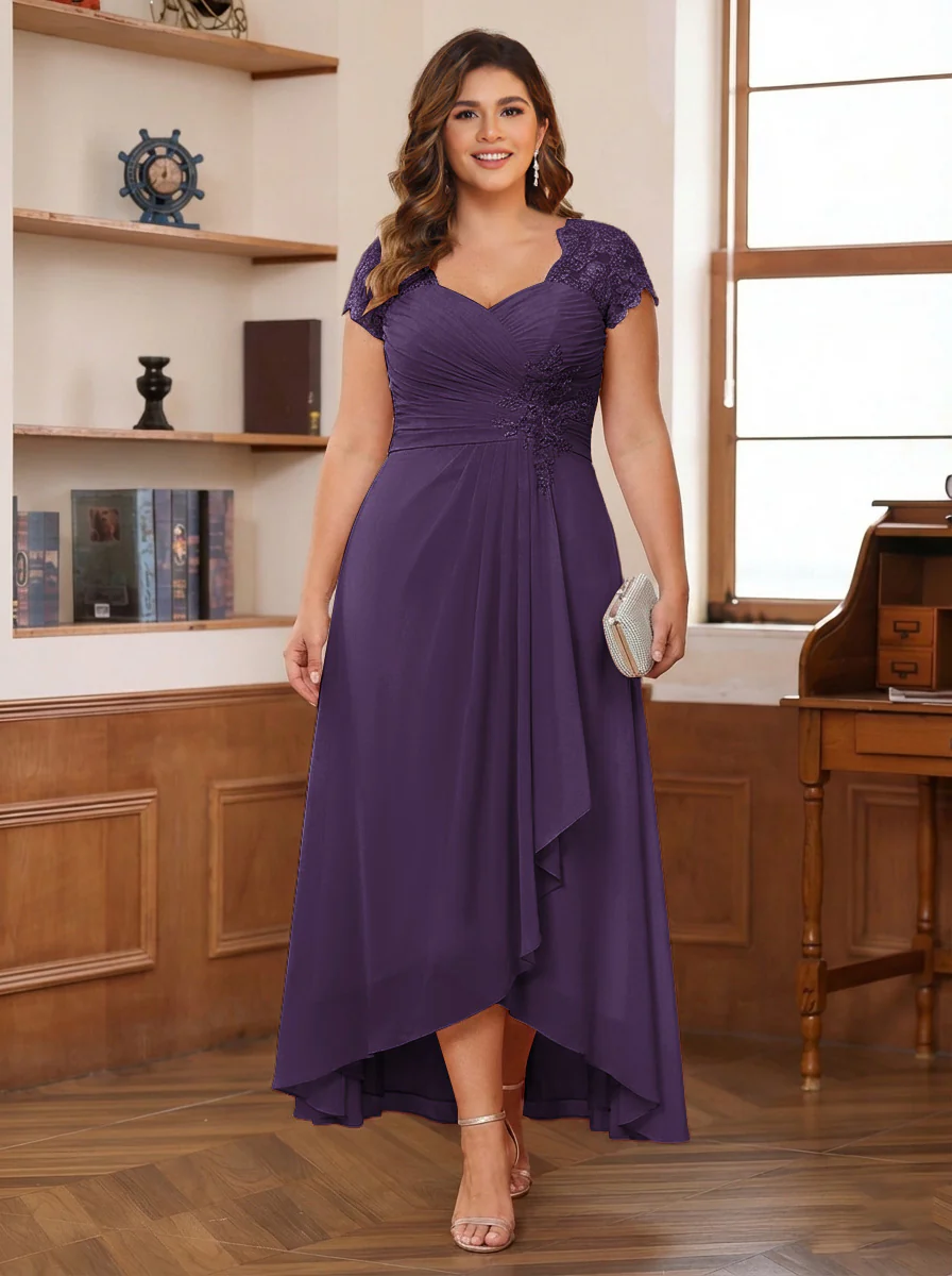 A-Line/Princess Sweetheart Short Sleeves Asymmetrical Plus Size Mother of the Bride Dresses with Appliques & Ruffles - Image 5