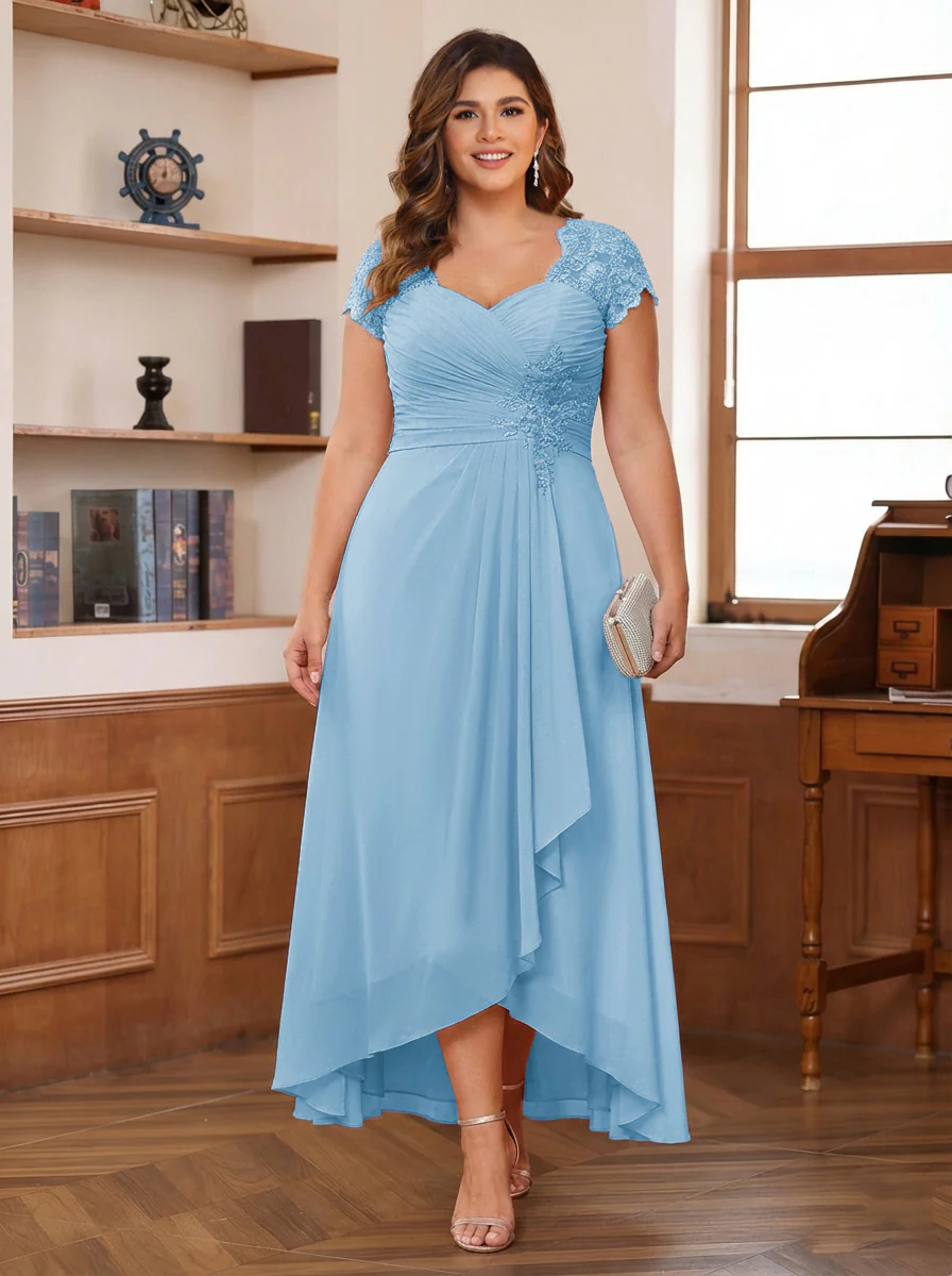 A-Line/Princess Sweetheart Short Sleeves Asymmetrical Plus Size Mother of the Bride Dresses with Appliques & Ruffles - Image 52
