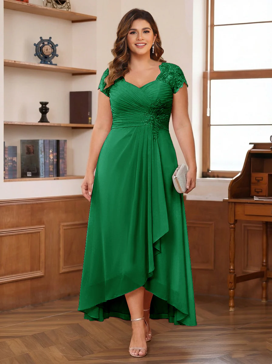 A-Line/Princess Sweetheart Short Sleeves Asymmetrical Plus Size Mother of the Bride Dresses with Appliques & Ruffles - Image 62