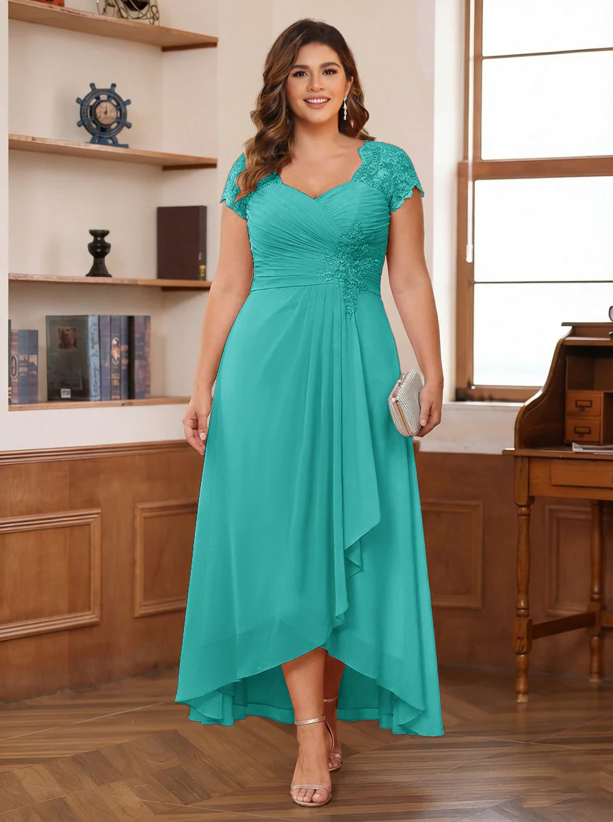 A-Line/Princess Sweetheart Short Sleeves Asymmetrical Plus Size Mother of the Bride Dresses with Appliques & Ruffles - Image 72