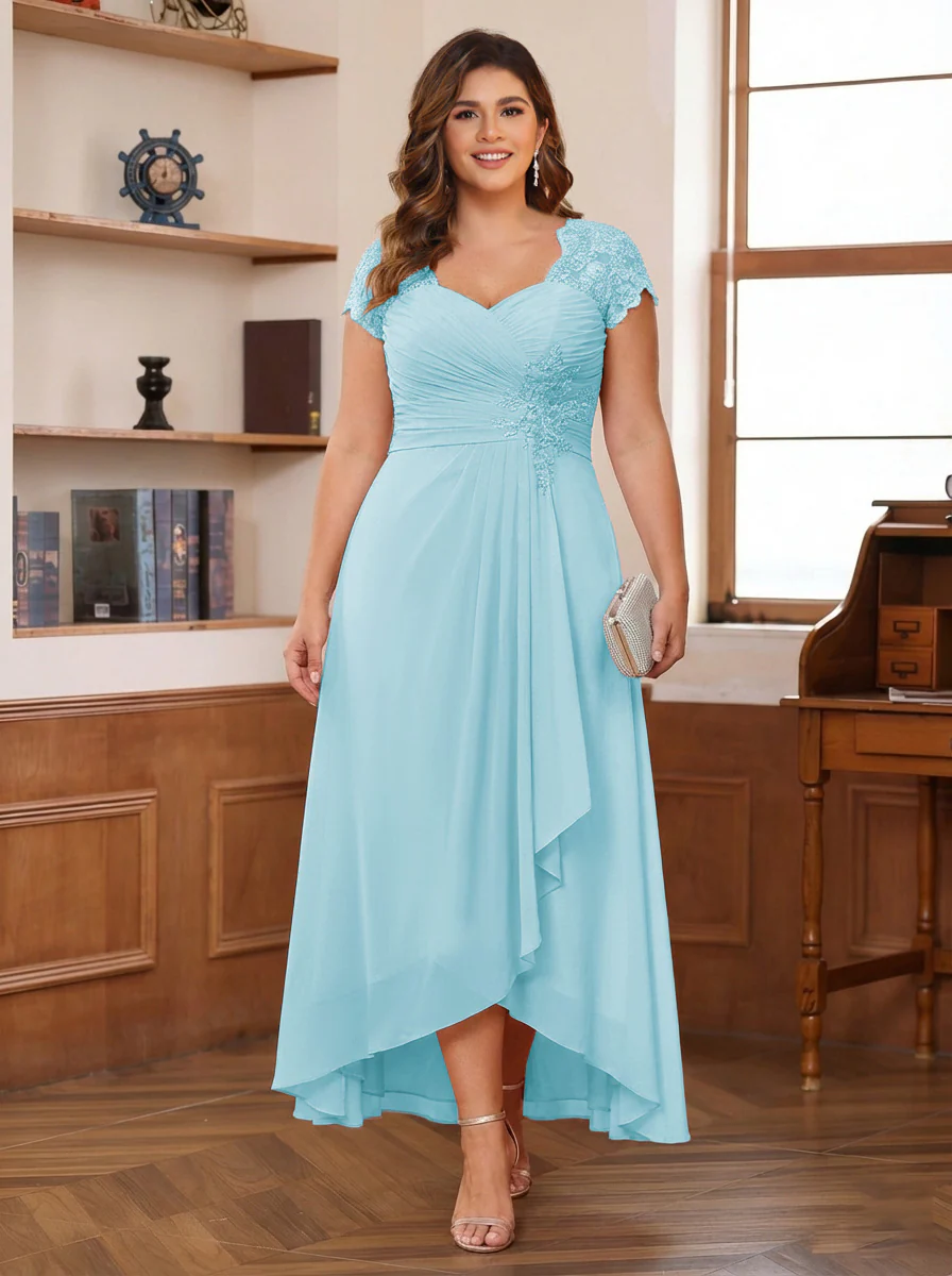 A-Line/Princess Sweetheart Short Sleeves Asymmetrical Plus Size Mother of the Bride Dresses with Appliques & Ruffles - Image 8