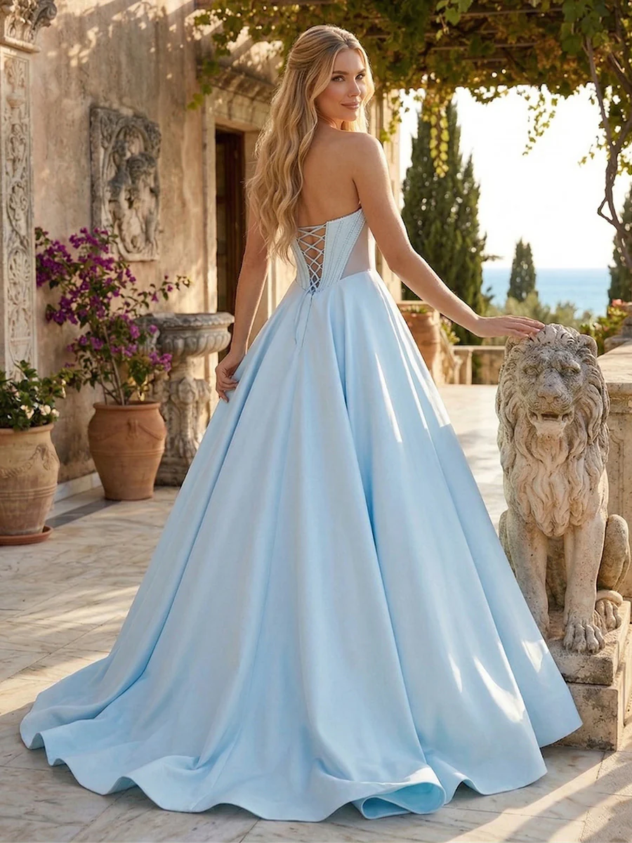 A-Line/Princess Sweetheart Strapless Basque Waist Prom Dresses with Beading - Image 2