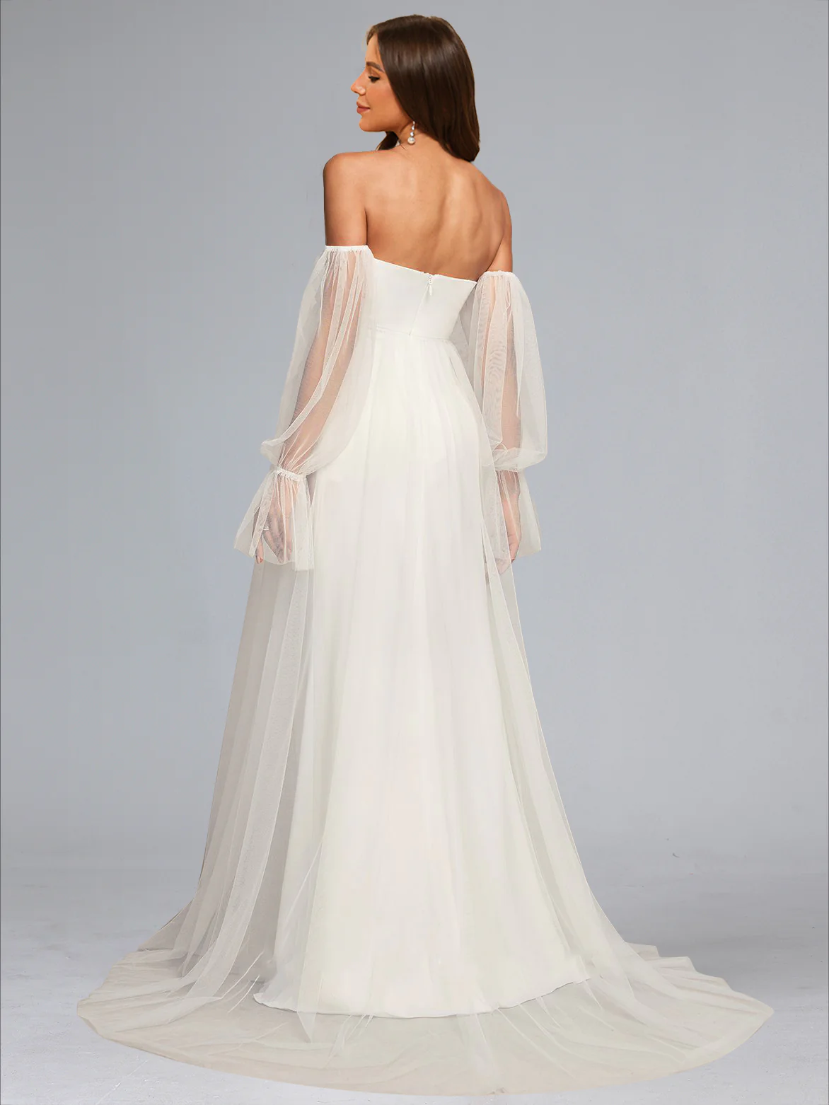 A-Line/Princess Sweetheart Sweep Train Long Sleeves Tulle Baby Shower Wedding Dresses with Side Slit - Image 2