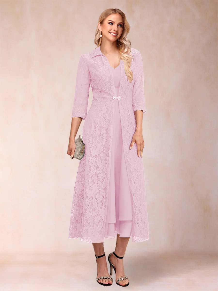 A-Line/Princess Tea-Length 3/4 Sleeves V-Neck Mother of the Bride Dresses - Image 15