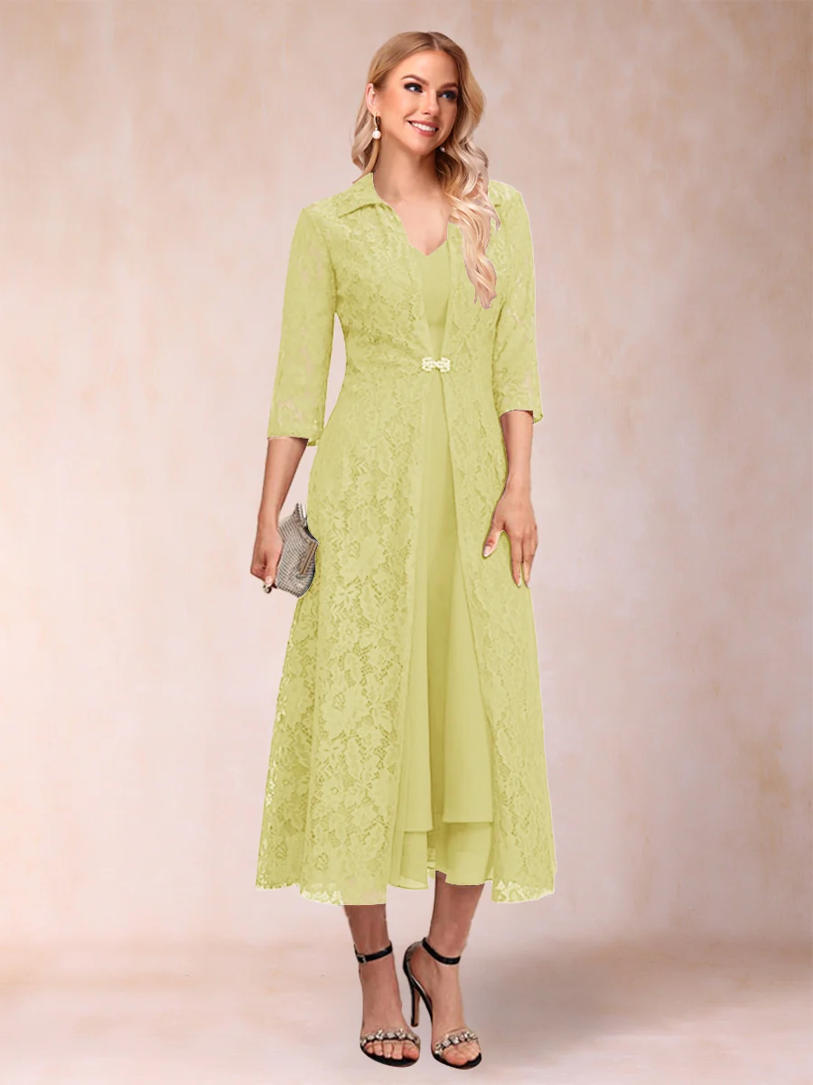 A-Line/Princess Tea-Length 3/4 Sleeves V-Neck Mother of the Bride Dresses - Image 19
