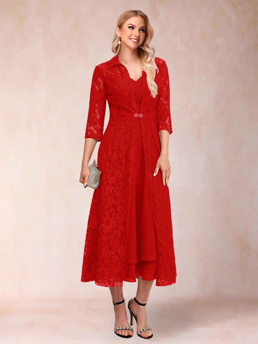 A-Line/Princess Tea-Length 3/4 Sleeves V-Neck Mother of the Bride Dresses - Image 29