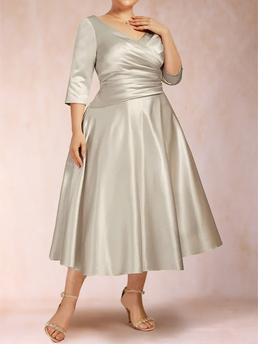 A-Line/Princess Tea-Length 3/4 Sleeves V-Neck Plus Size Mother of the Bride Dresses - Image 4