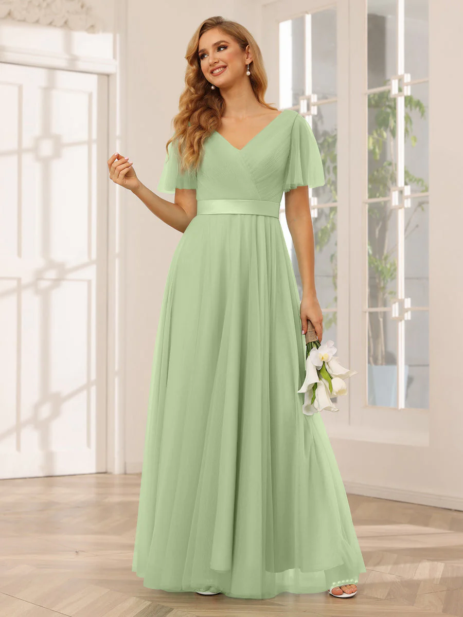 A-Line/Princess Tulle Long Bridesmaid Dresses with Sleeves - Image 16