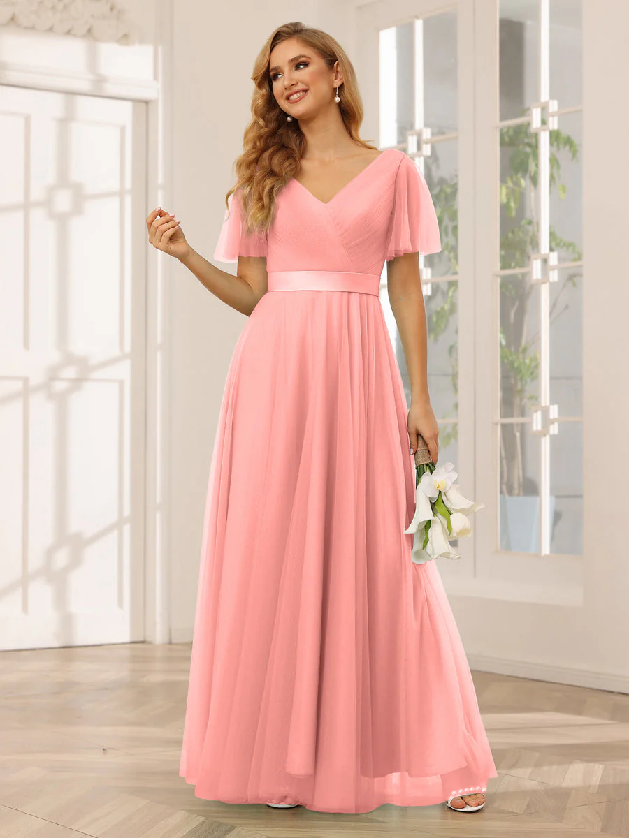 A-Line/Princess Tulle Long Bridesmaid Dresses with Sleeves - Image 32