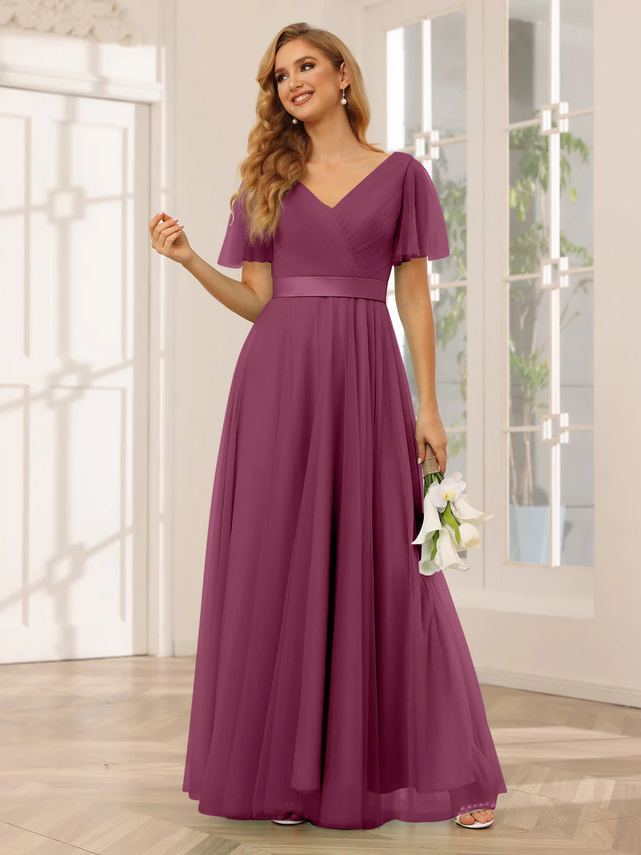 A-Line/Princess Tulle Long Bridesmaid Dresses with Sleeves - Image 43