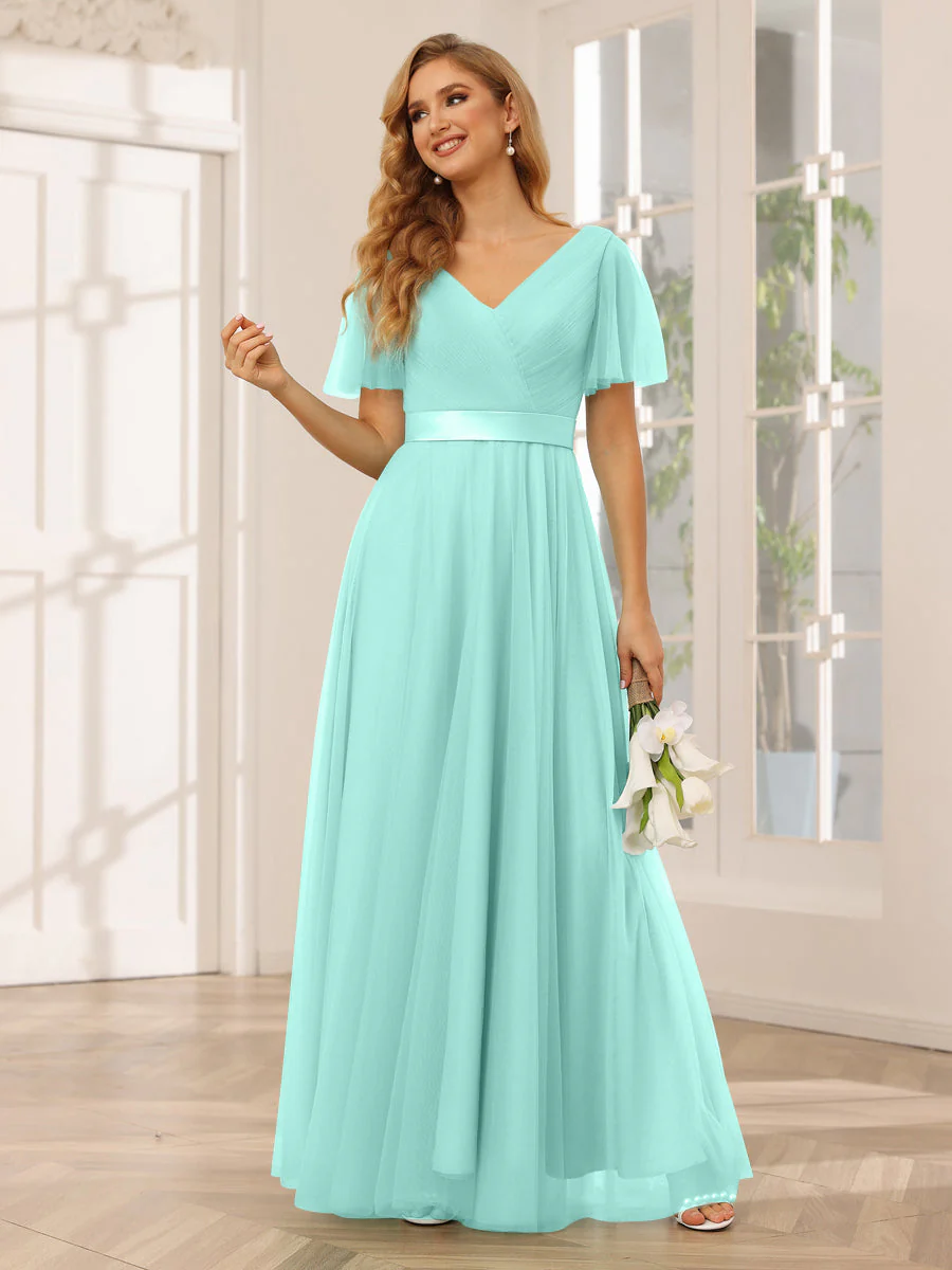 A-Line/Princess Tulle Long Bridesmaid Dresses with Sleeves - Image 62