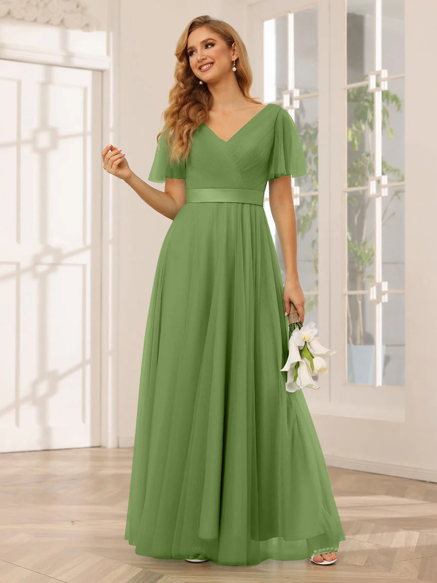 A-Line/Princess Tulle Long Bridesmaid Dresses with Sleeves - Image 65